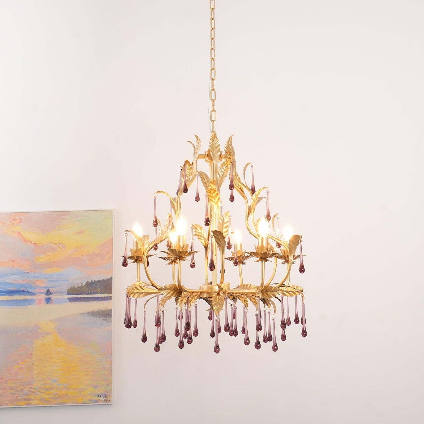 Elegant Amethyst Glass Chandelier with Adjustable Height & Crystal Acc