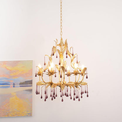 Elegant Amethyst Glass Chandelier with Adjustable Height & Crystal Acc