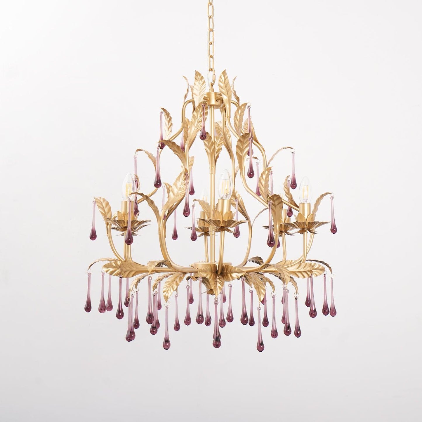 Elegant Amethyst Glass Chandelier with Adjustable Height & Crystal Acc