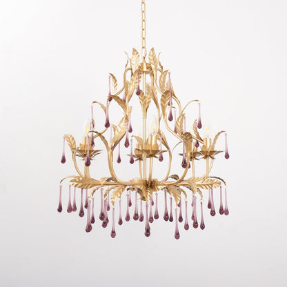 Elegant Amethyst Glass Chandelier with Adjustable Height & Crystal Acc