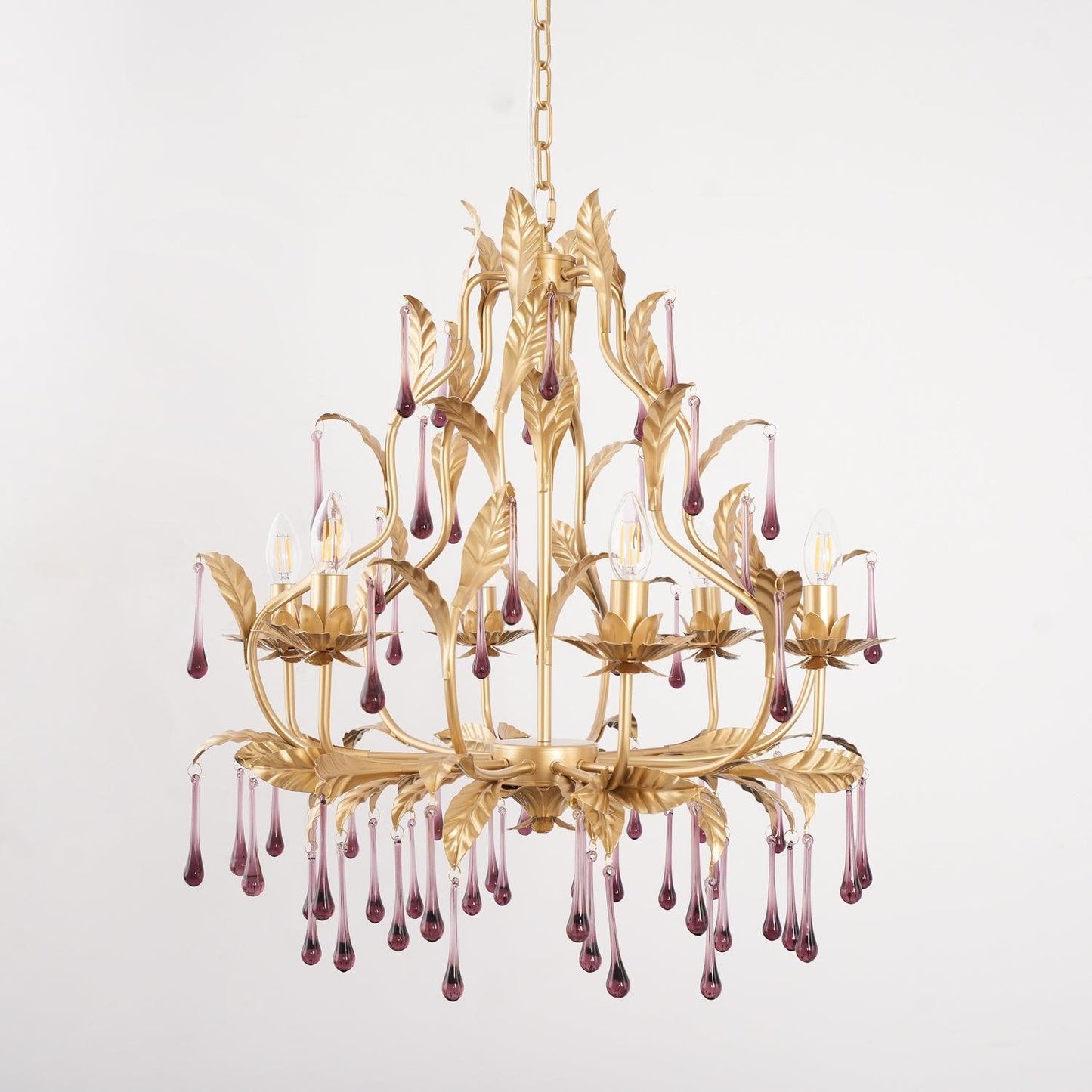Elegant Amethyst Glass Chandelier with Adjustable Height & Crystal Acc