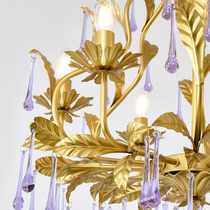 Elegant Amethyst Glass Chandelier with Adjustable Height & Crystal Acc