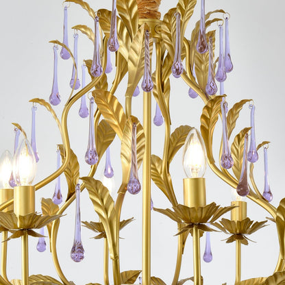Elegant Amethyst Glass Chandelier with Adjustable Height & Crystal Acc