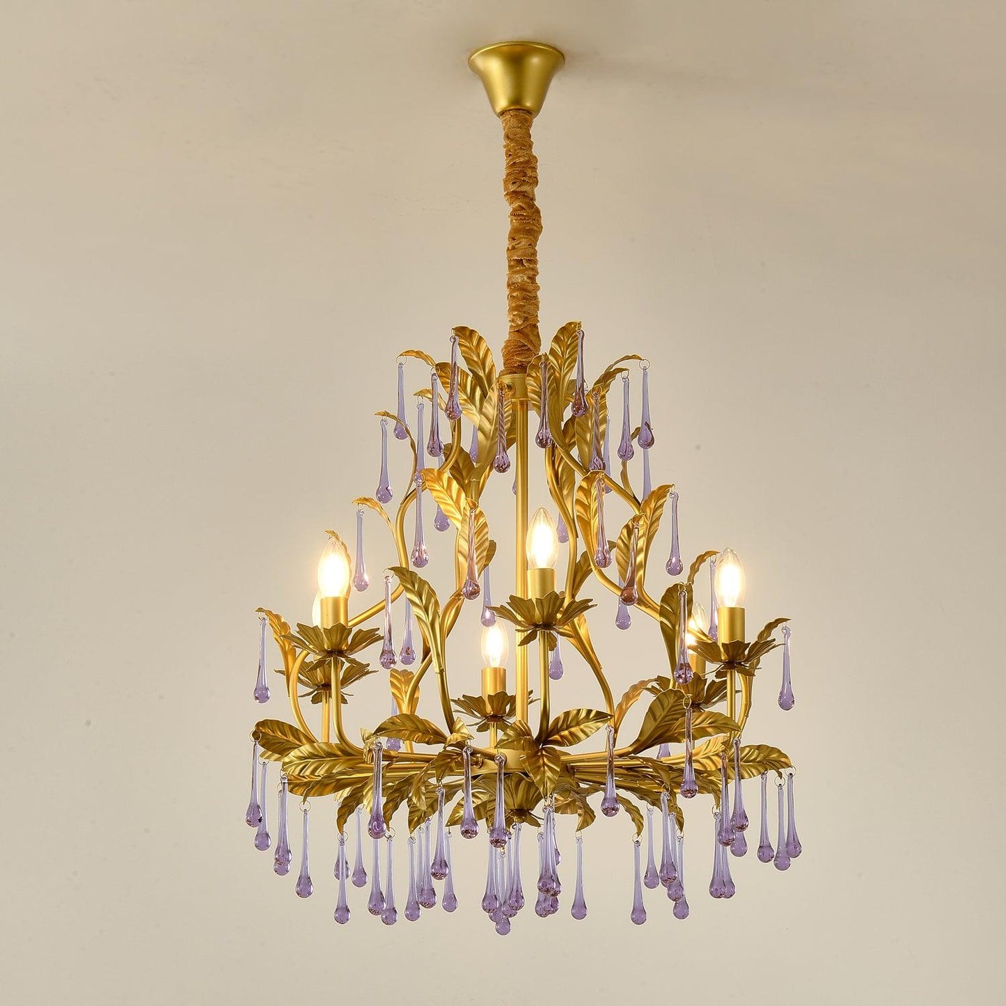 Elegant Amethyst Glass Chandelier with Adjustable Height & Crystal Acc
