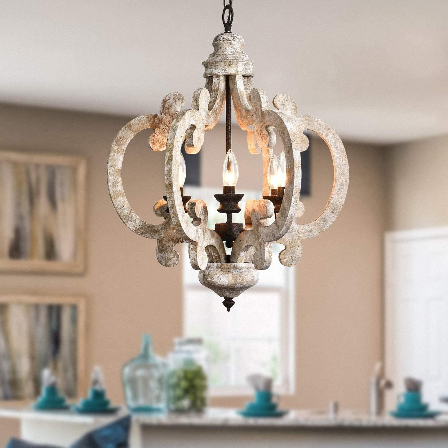 Antique White Chandelier - Elegant Design with Adjustable Height & Cry