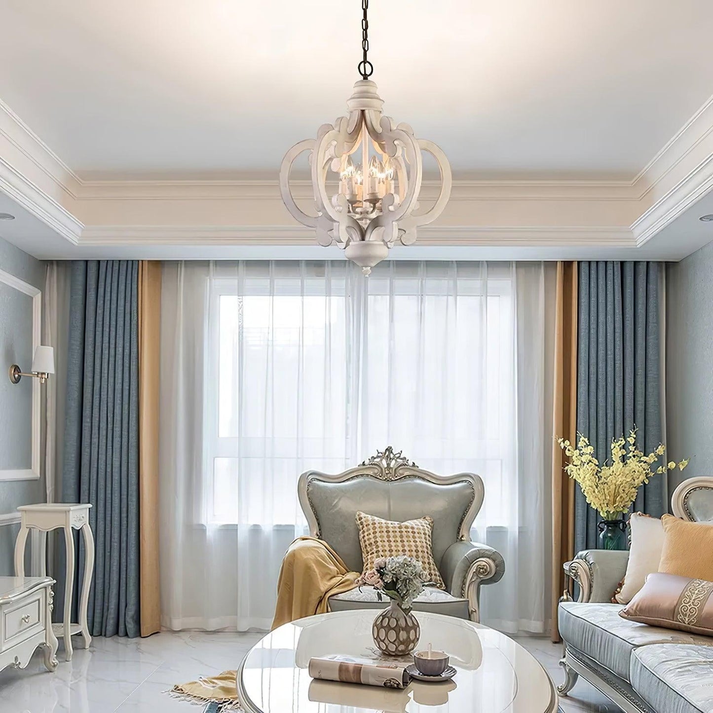Antique White Chandelier - Elegant Design with Adjustable Height & Cry