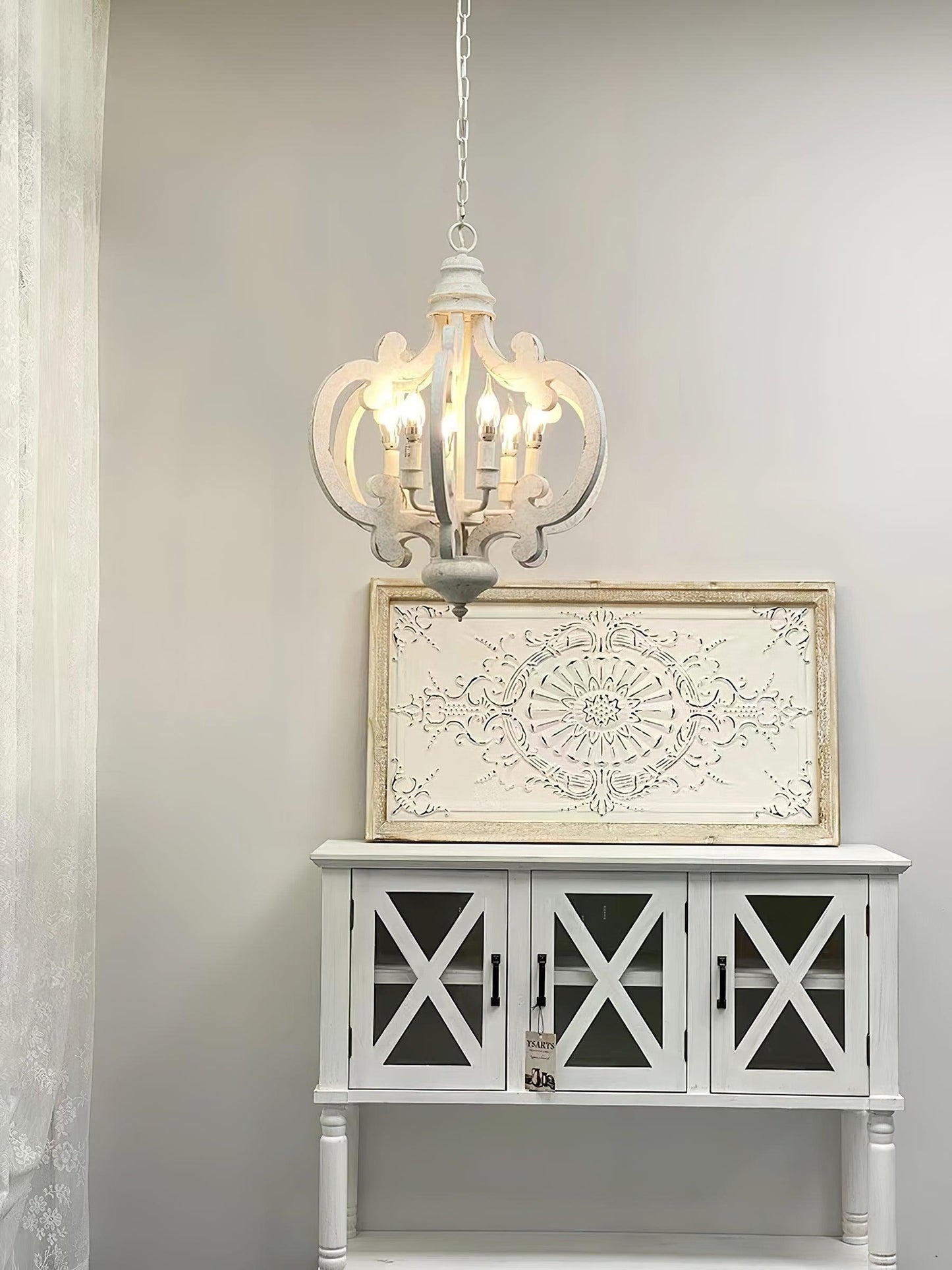 Antique White Chandelier - Elegant Design with Adjustable Height & Cry