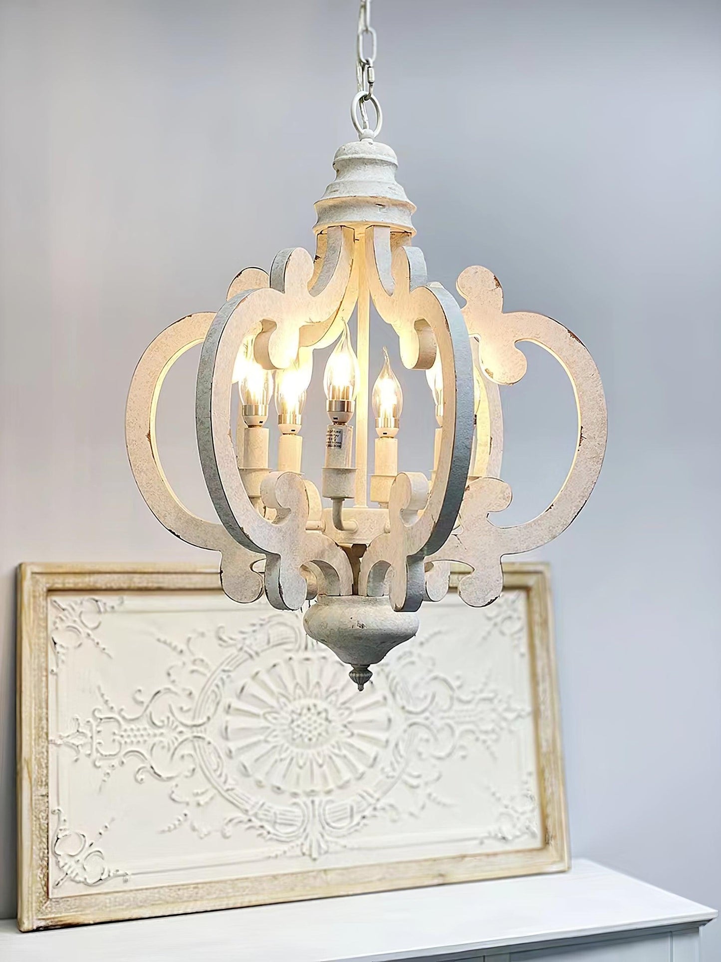 Antique White Chandelier - Elegant Design with Adjustable Height & Cry