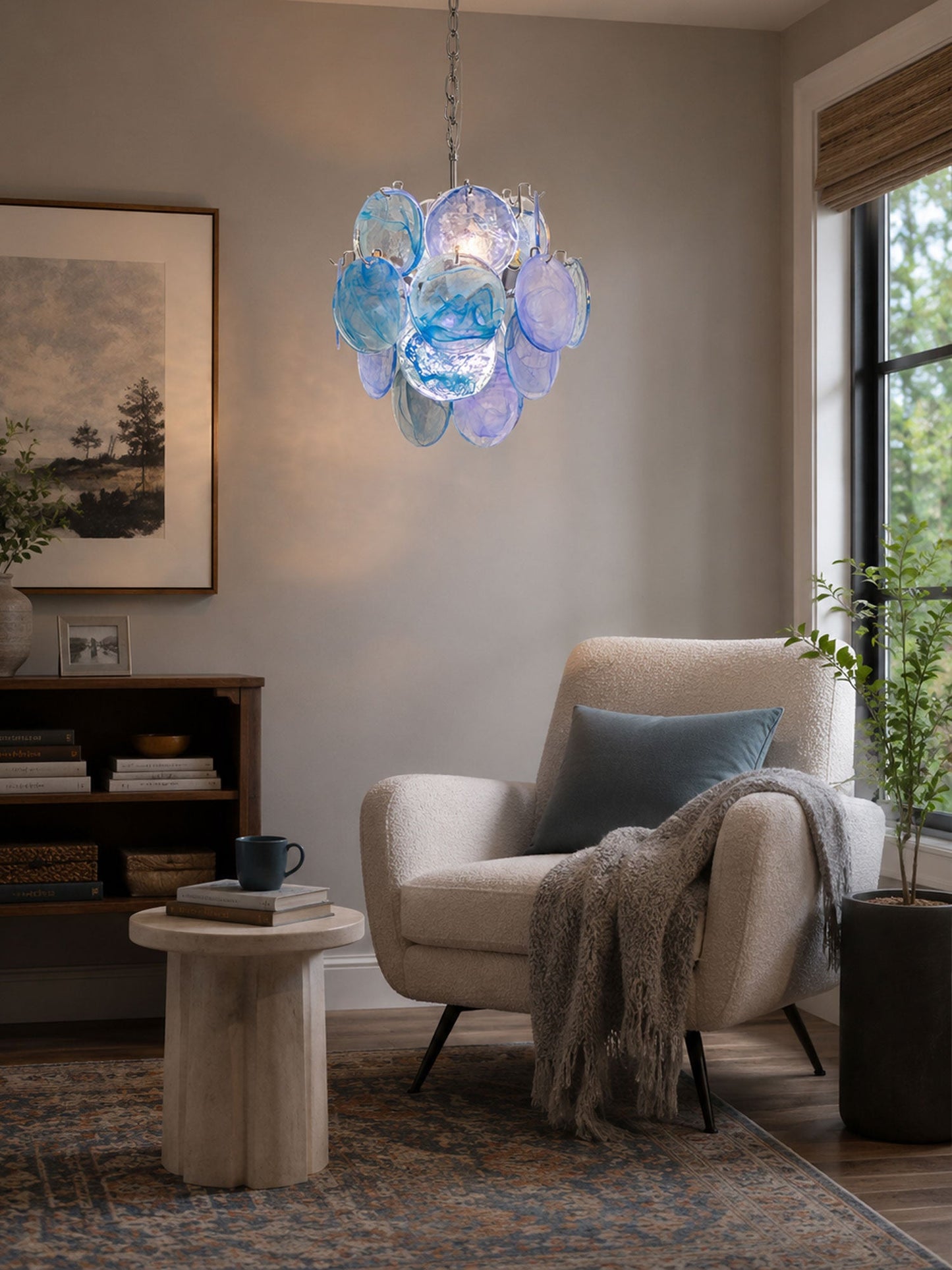 Elegant Aqua Blue Glass Chandelier with Adjustable Height & Crystal Ac