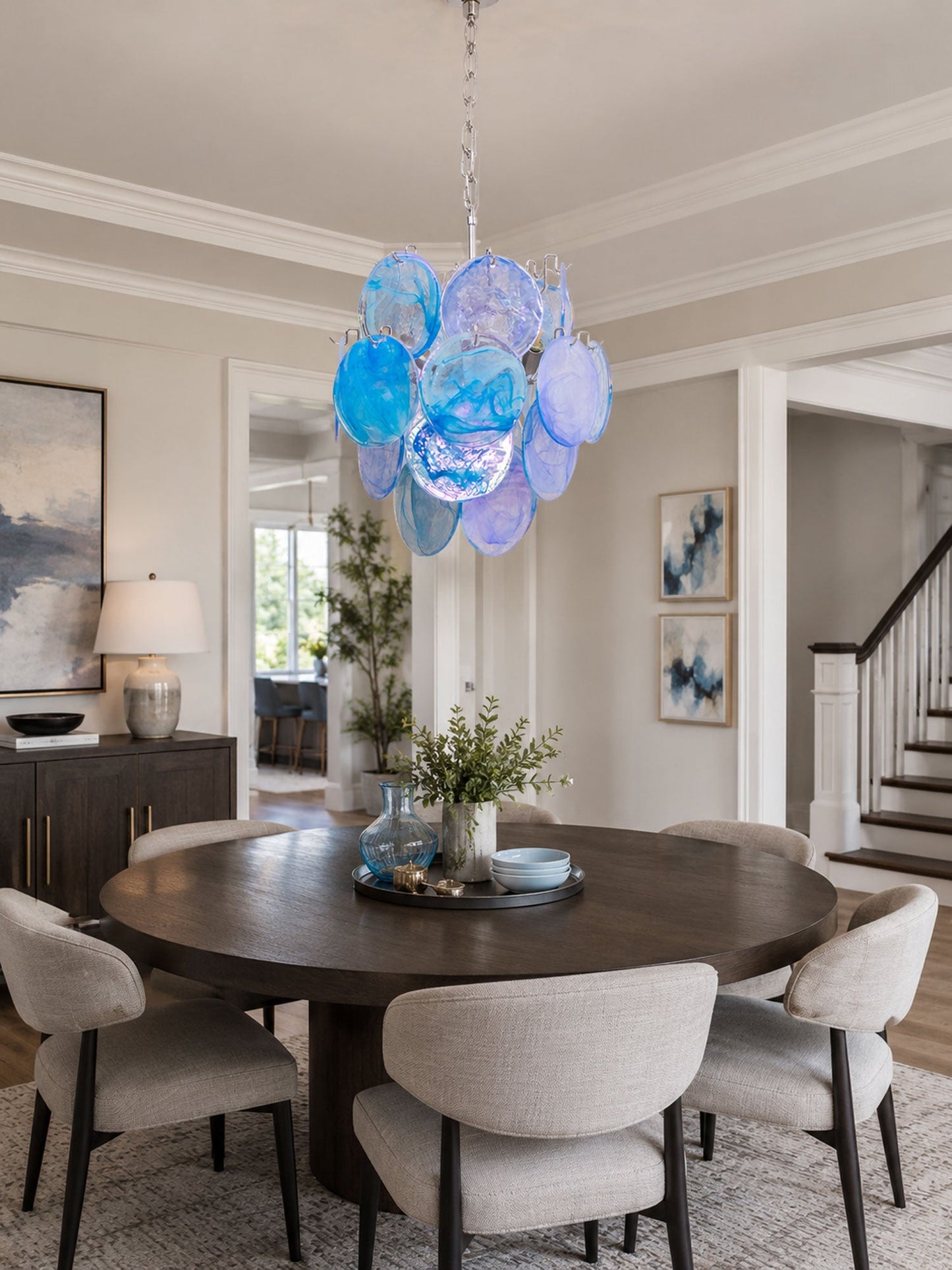 Elegant Aqua Blue Glass Chandelier with Adjustable Height & Crystal Ac