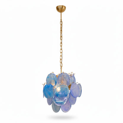 Elegant Aqua Blue Glass Chandelier with Adjustable Height & Crystal Ac