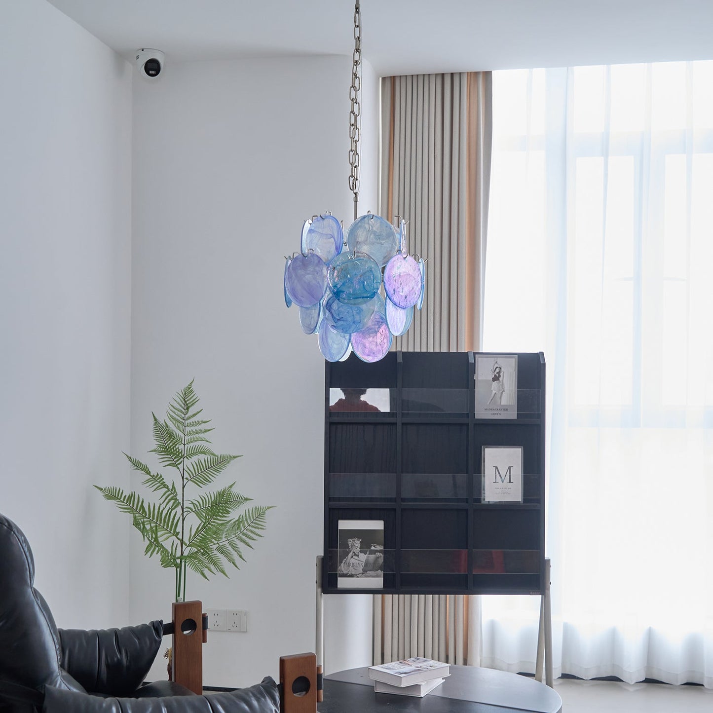 Elegant Aqua Blue Glass Chandelier with Adjustable Height & Crystal Ac