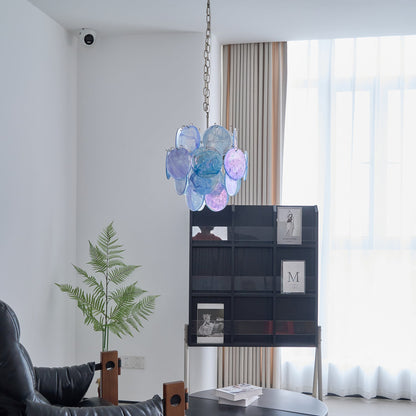 Elegant Aqua Blue Glass Chandelier with Adjustable Height & Crystal Ac