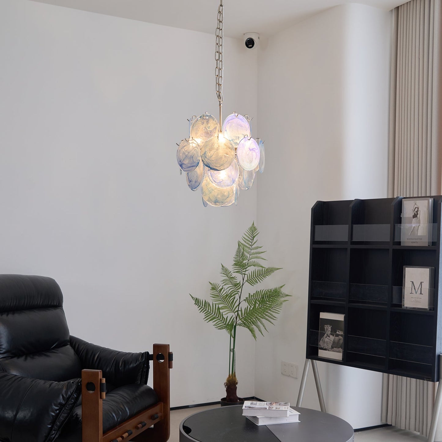 Elegant Aqua Blue Glass Chandelier with Adjustable Height & Crystal Ac