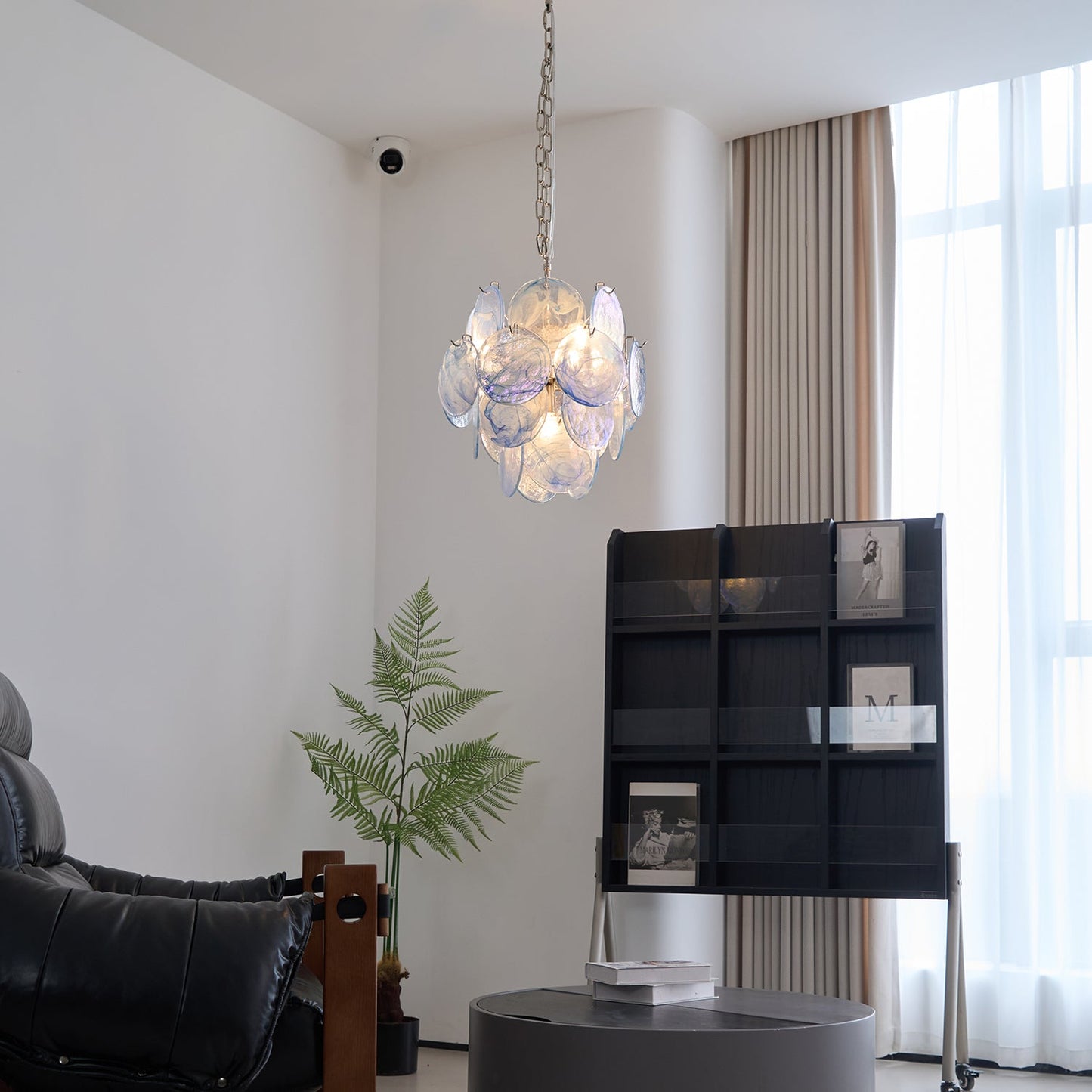 Elegant Aqua Blue Glass Chandelier with Adjustable Height & Crystal Ac