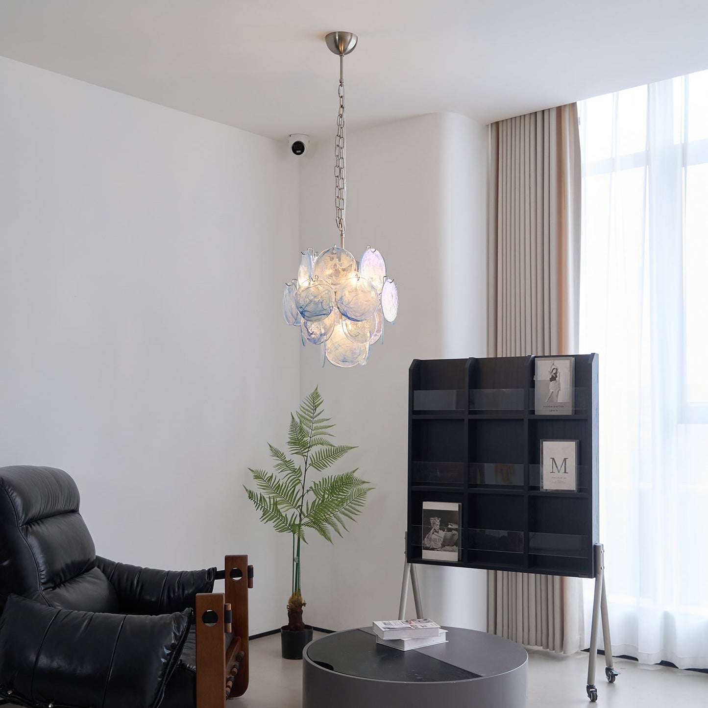 Elegant Aqua Blue Glass Chandelier with Adjustable Height & Crystal Ac