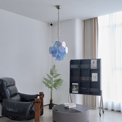 Elegant Aqua Blue Glass Chandelier with Adjustable Height & Crystal Ac