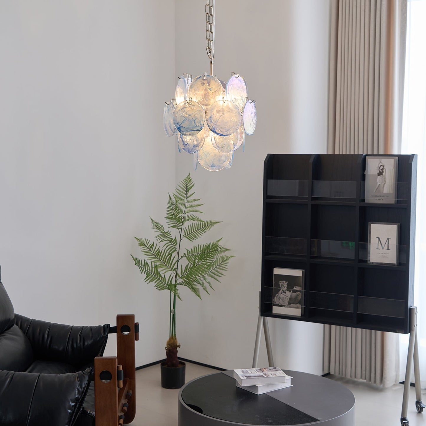 Elegant Aqua Blue Glass Chandelier with Adjustable Height & Crystal Ac