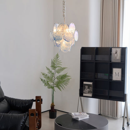 Elegant Aqua Blue Glass Chandelier with Adjustable Height & Crystal Ac