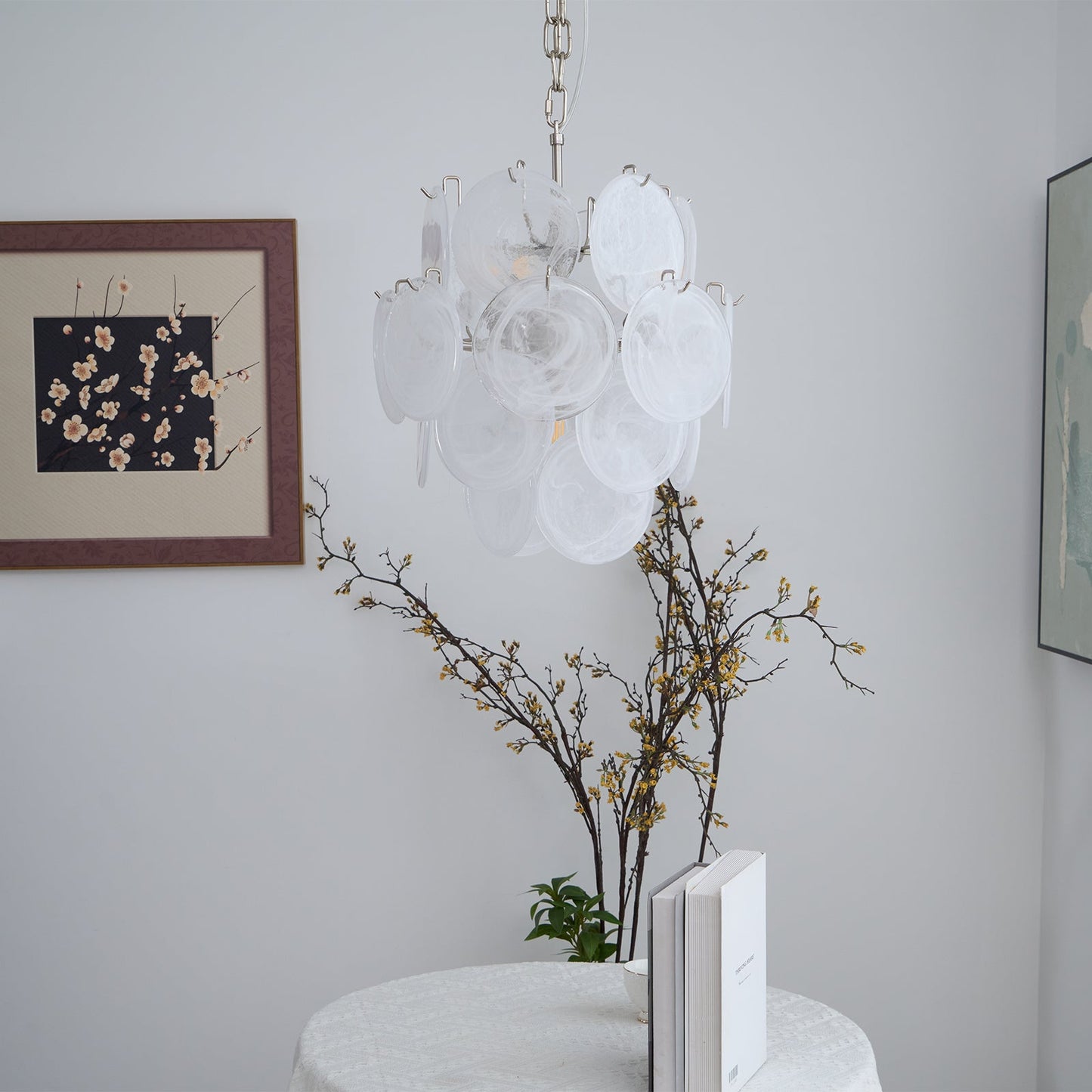 Elegant Aqua White Glass Chandelier with Adjustable Height & LED Compa