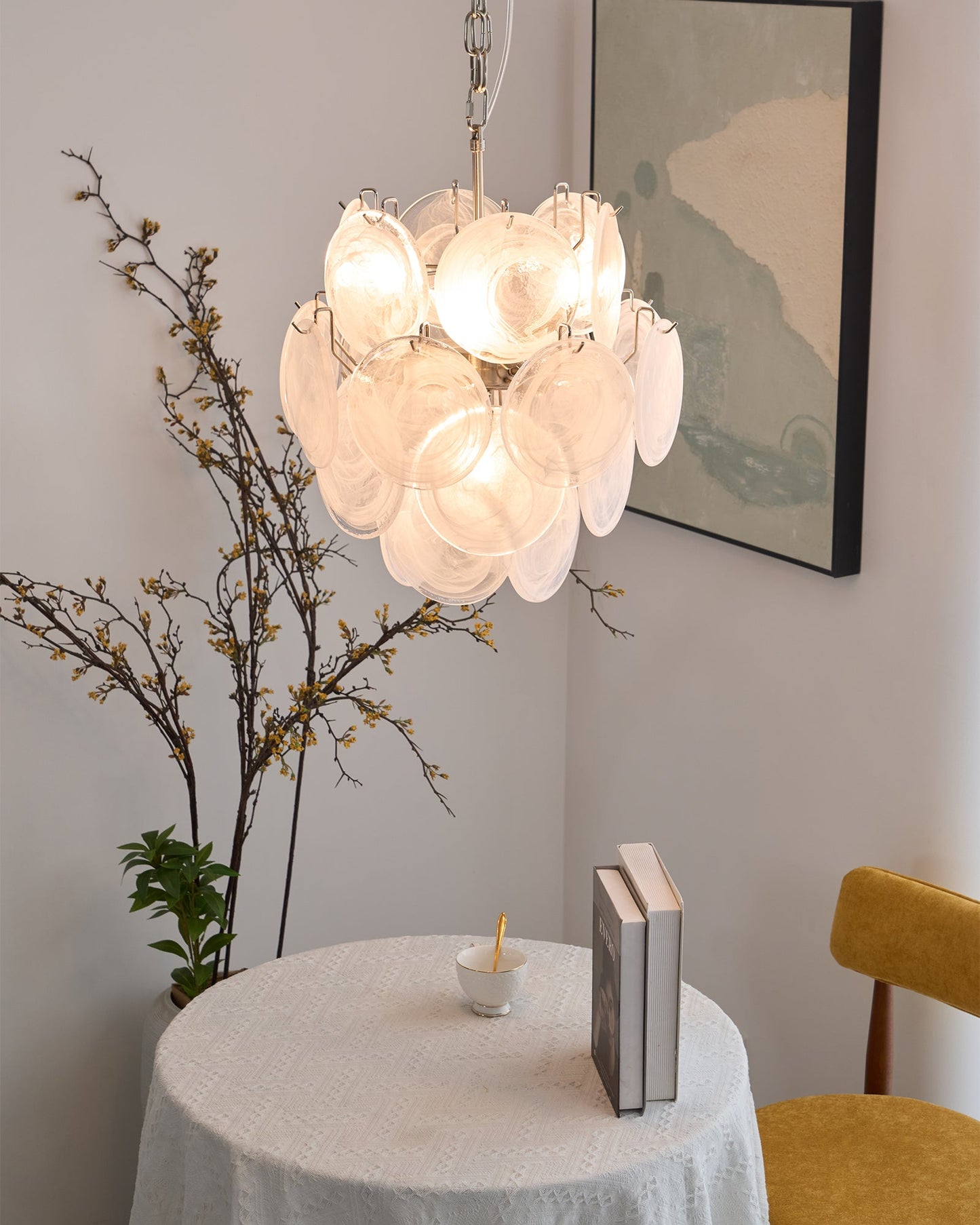 Elegant Aqua White Glass Chandelier with Adjustable Height & LED Compa