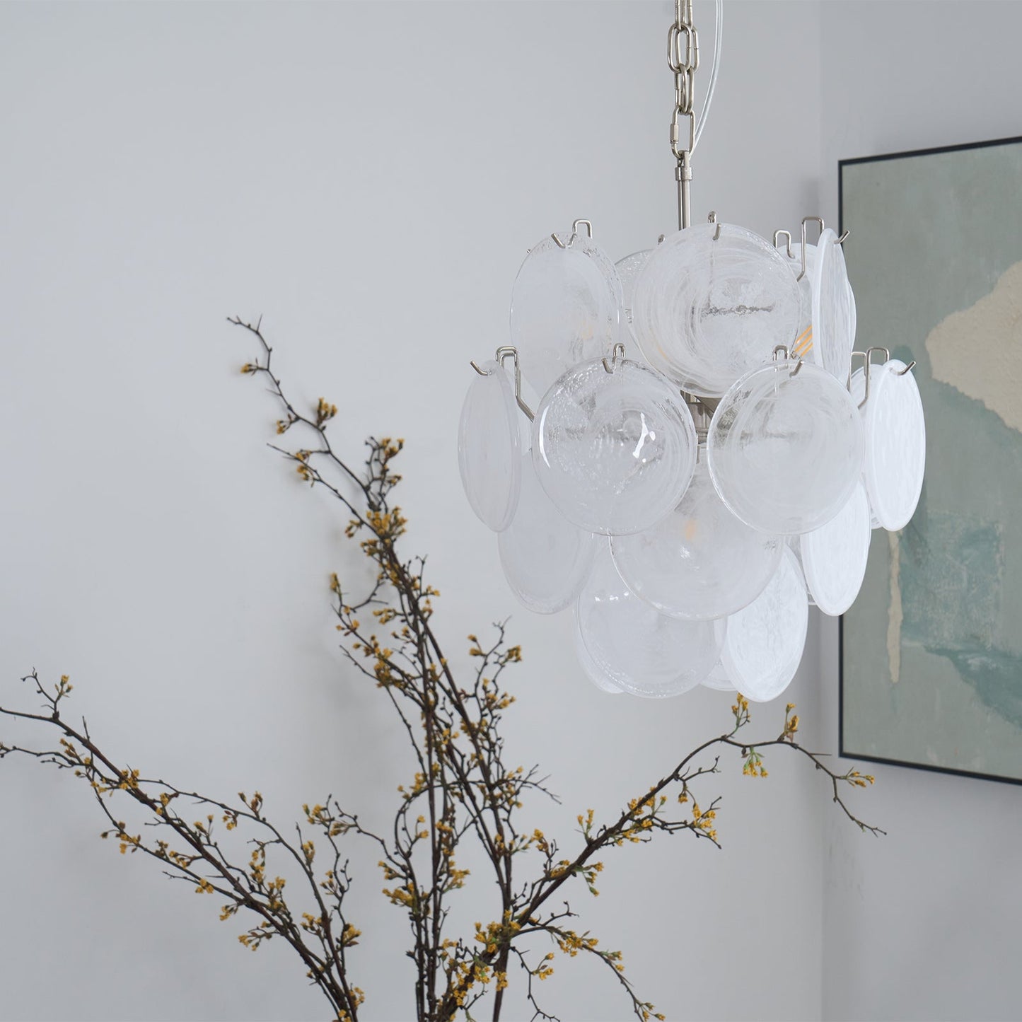 Elegant Aqua White Glass Chandelier with Adjustable Height & LED Compa
