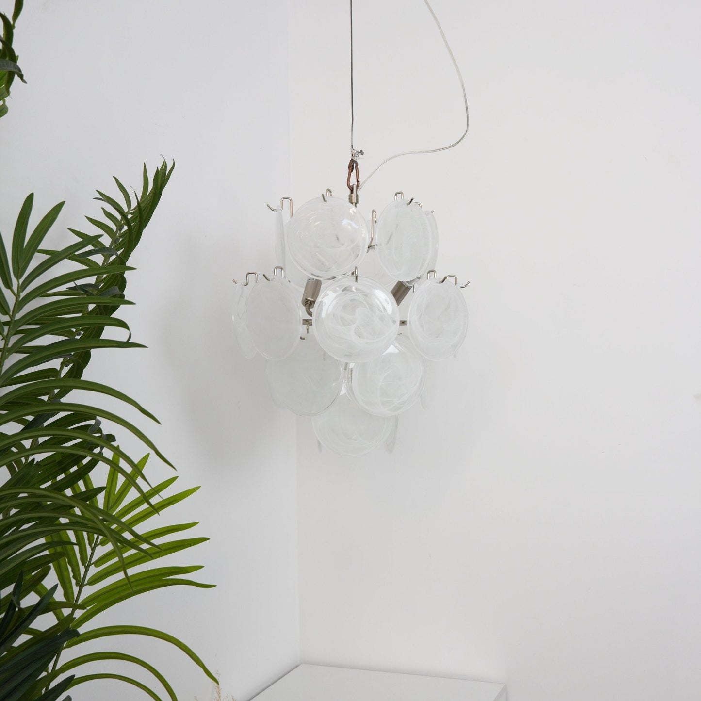 Elegant Aqua White Glass Chandelier with Adjustable Height & LED Compa