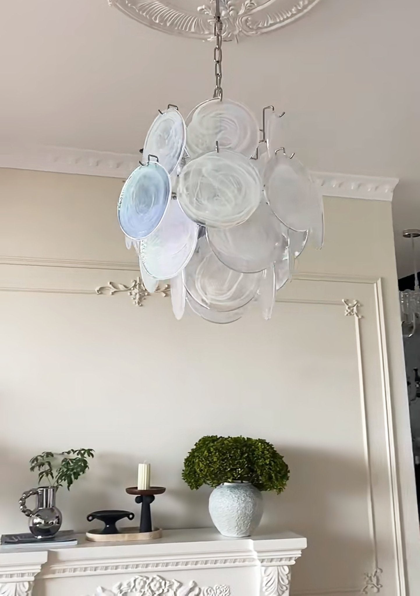 Elegant Aqua White Glass Chandelier with Adjustable Height & LED Compa