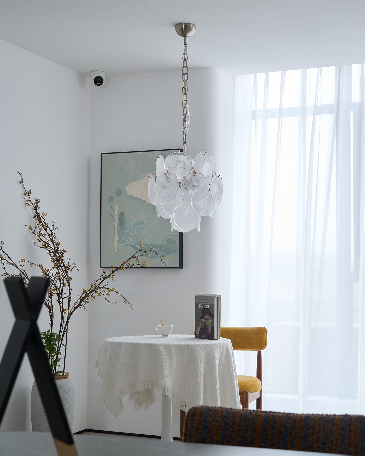 Elegant Aqua White Glass Chandelier with Adjustable Height & LED Compa