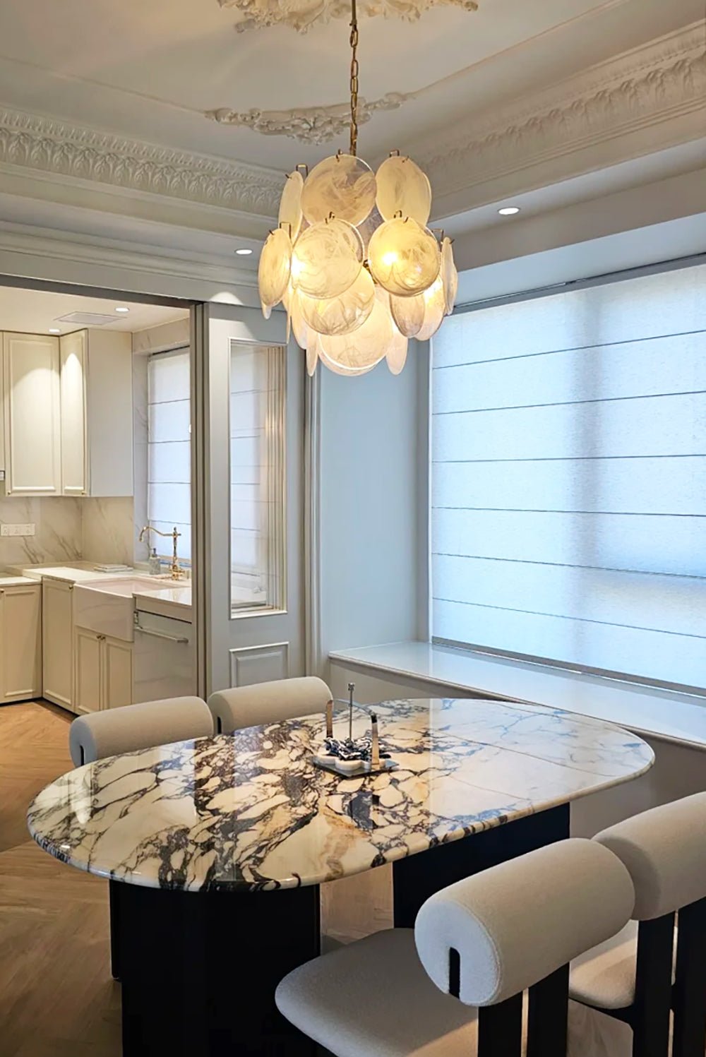 Elegant Aqua White Glass Chandelier with Adjustable Height & LED Compa