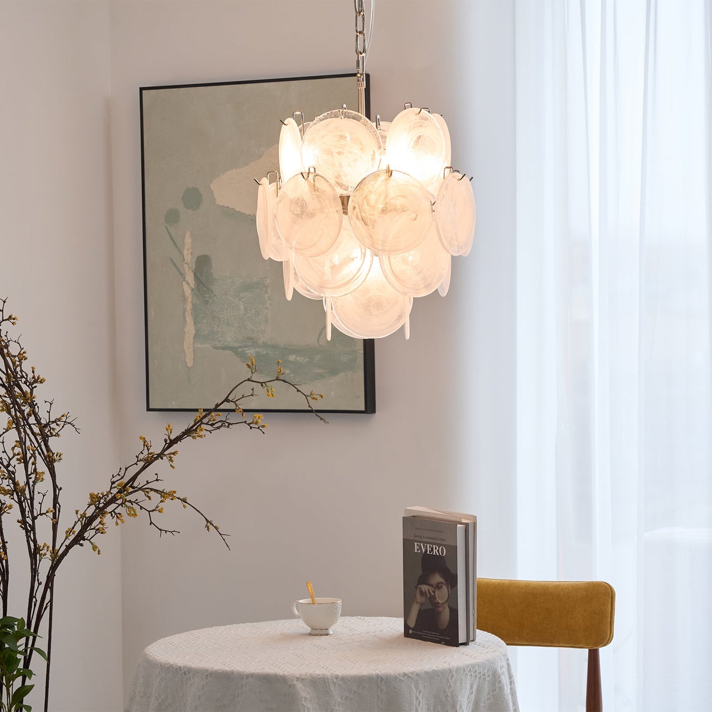 Elegant Aqua White Glass Chandelier with Adjustable Height & LED Compa