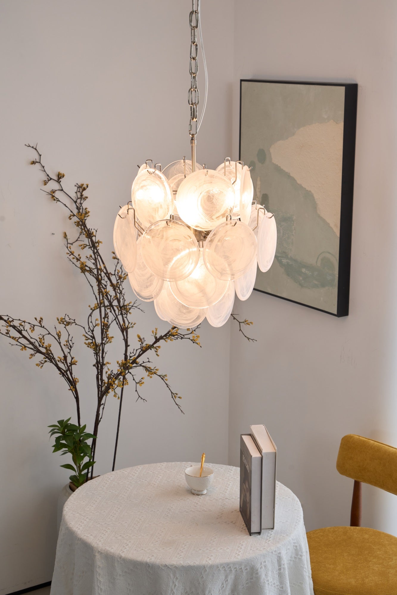 Elegant Aqua White Glass Chandelier with Adjustable Height & LED Compa