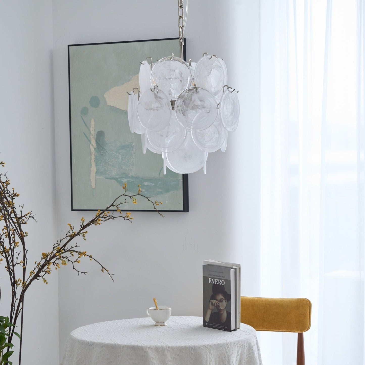 Elegant Aqua White Glass Chandelier with Adjustable Height & LED Compa