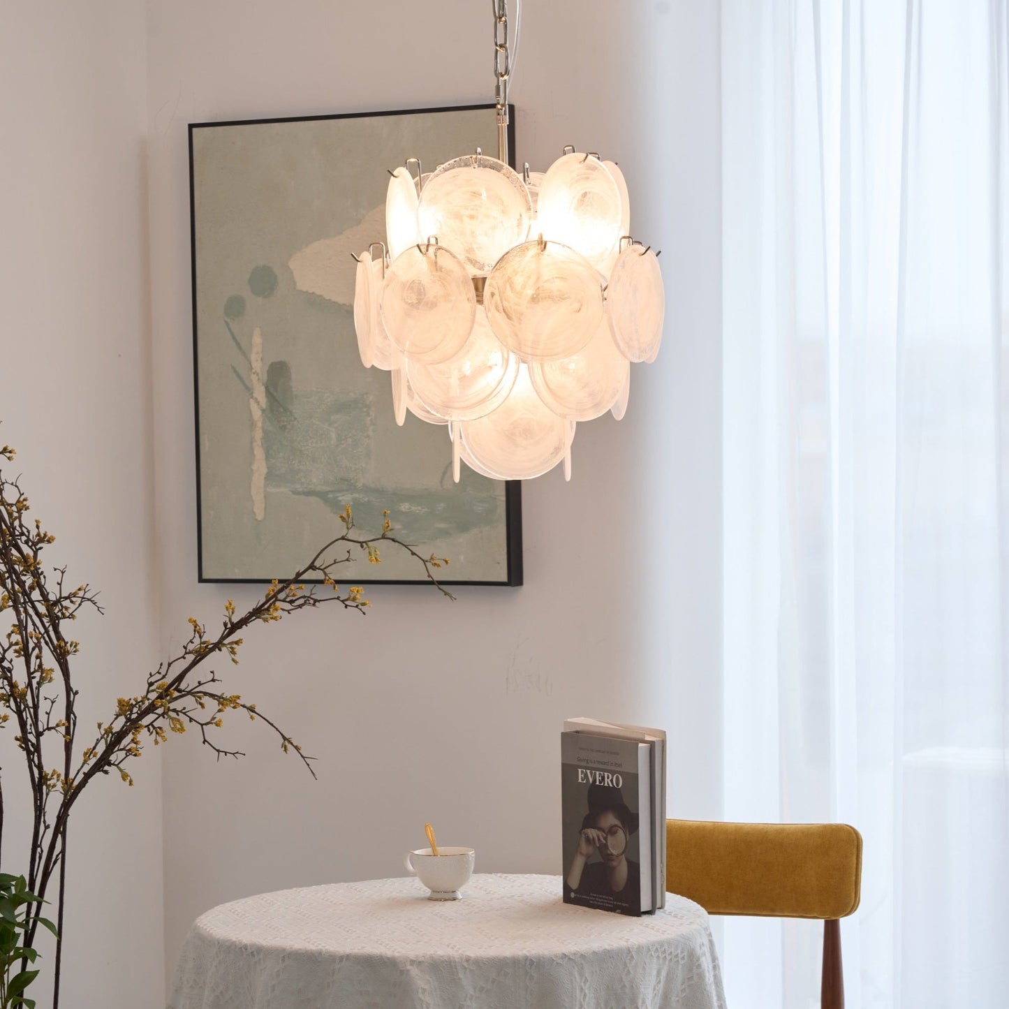Elegant Aqua White Glass Chandelier with Adjustable Height & LED Compa