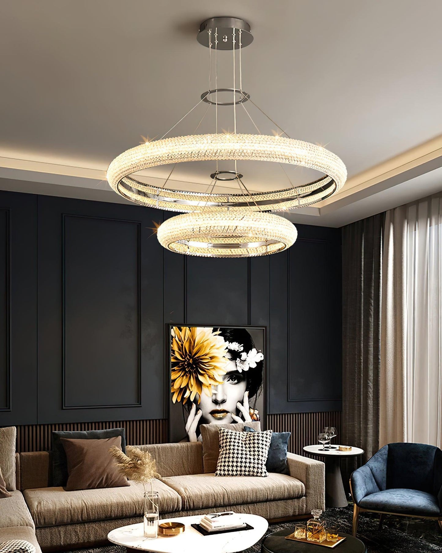 Asscher Ring Chandelier - Elegant Crystal Design with Adjustable Heigh