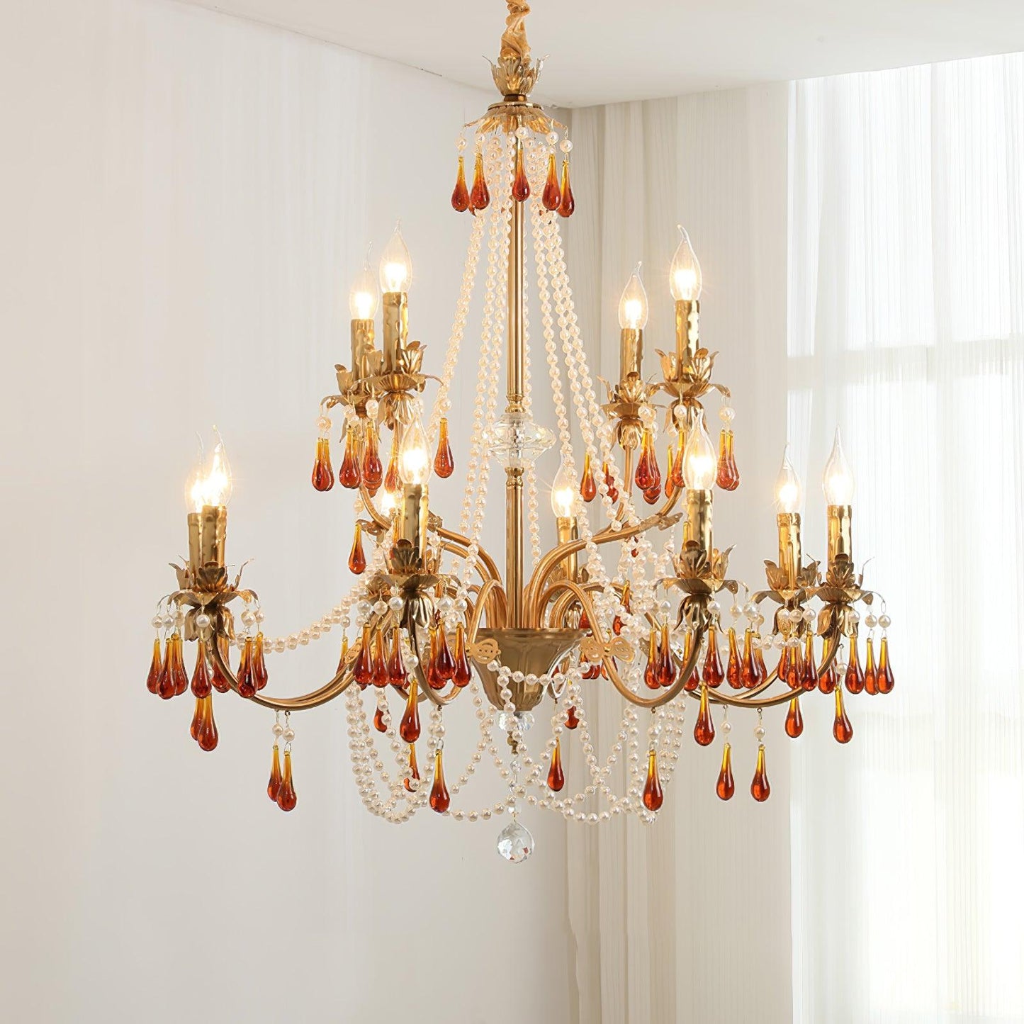 Aureate Amber Crystal Chandelier with Dimmable LED Lights & Elegance