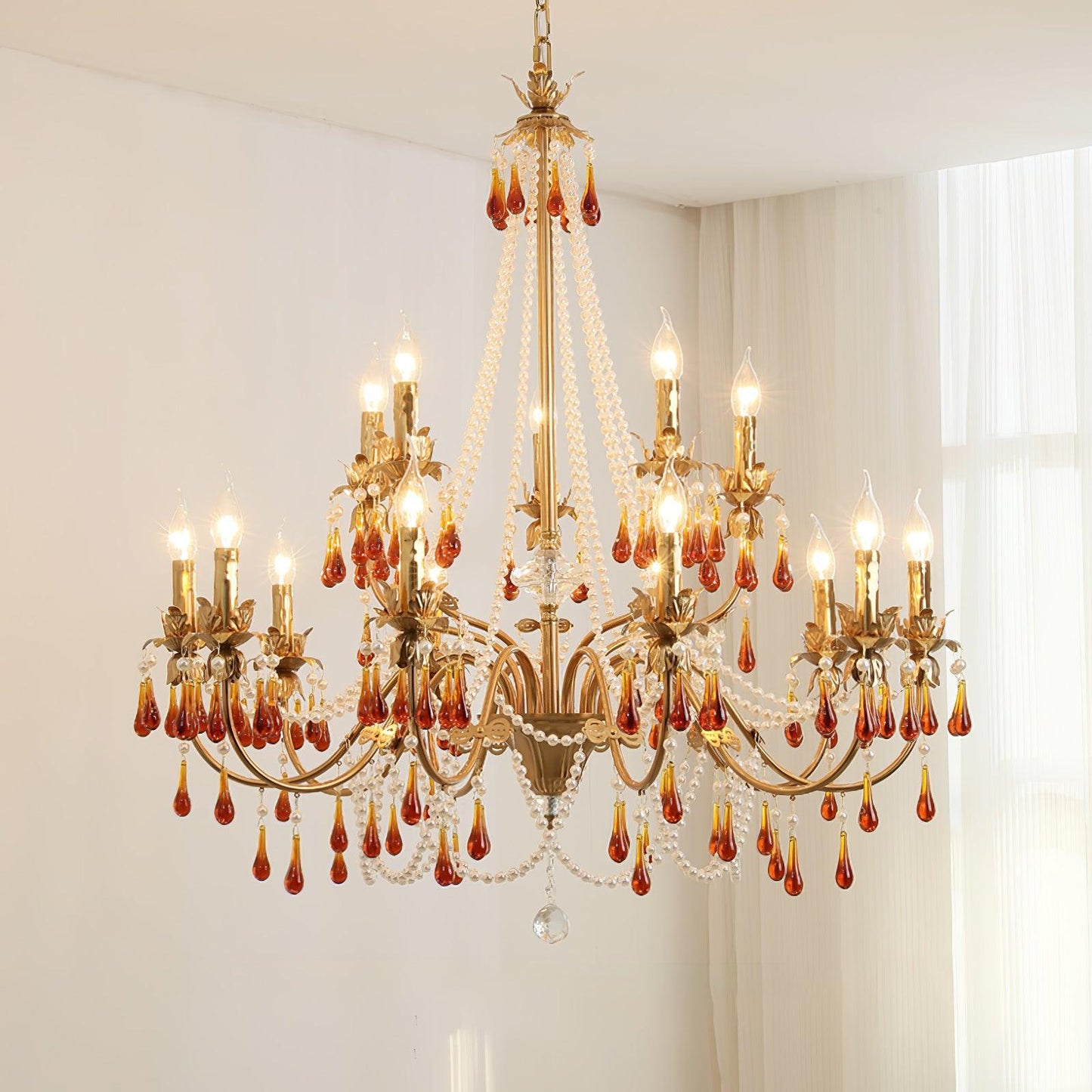 Aureate Amber Crystal Chandelier with Dimmable LED Lights & Elegance