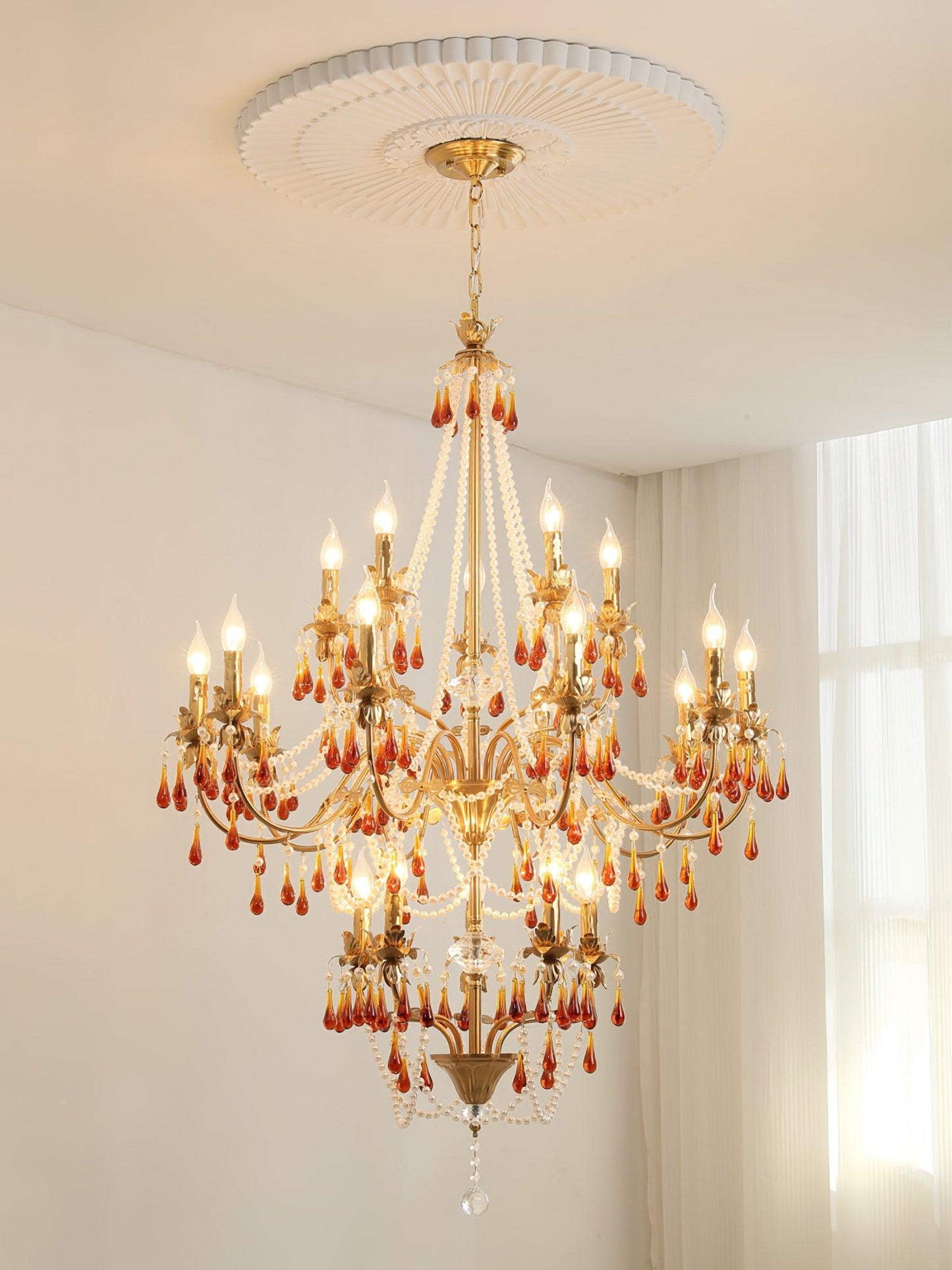 Aureate Amber Crystal Chandelier with Dimmable LED Lights & Elegance