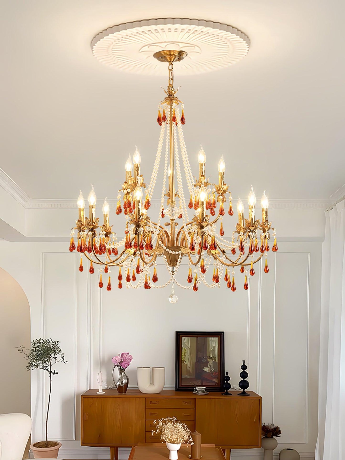 Aureate Amber Crystal Chandelier with Dimmable LED Lights & Elegance