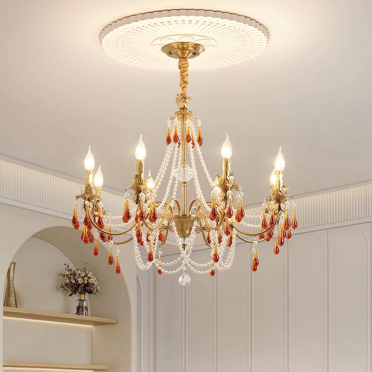Aureate Amber Crystal Chandelier with Dimmable LED Lights & Elegance