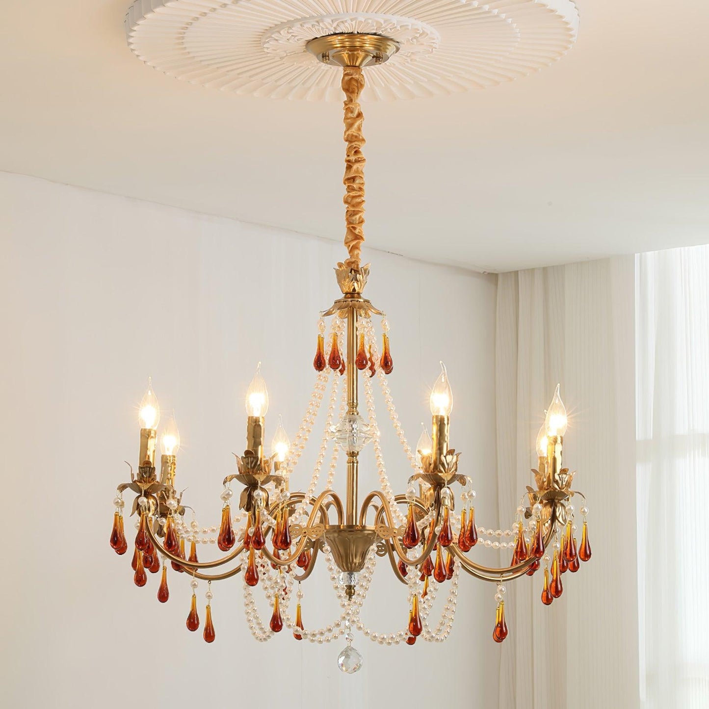 Aureate Amber Crystal Chandelier with Dimmable LED Lights & Elegance