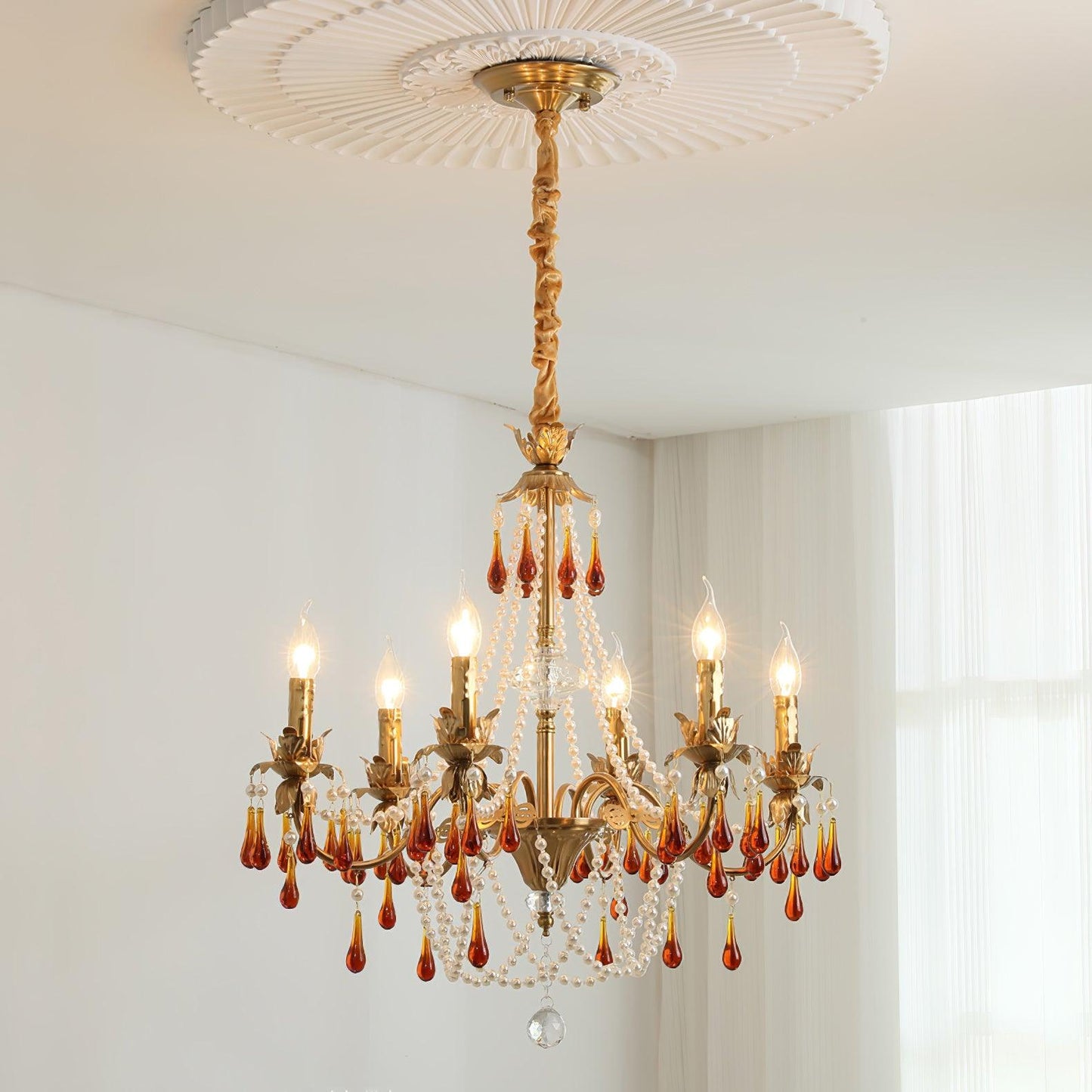 Aureate Amber Crystal Chandelier with Dimmable LED Lights & Elegance