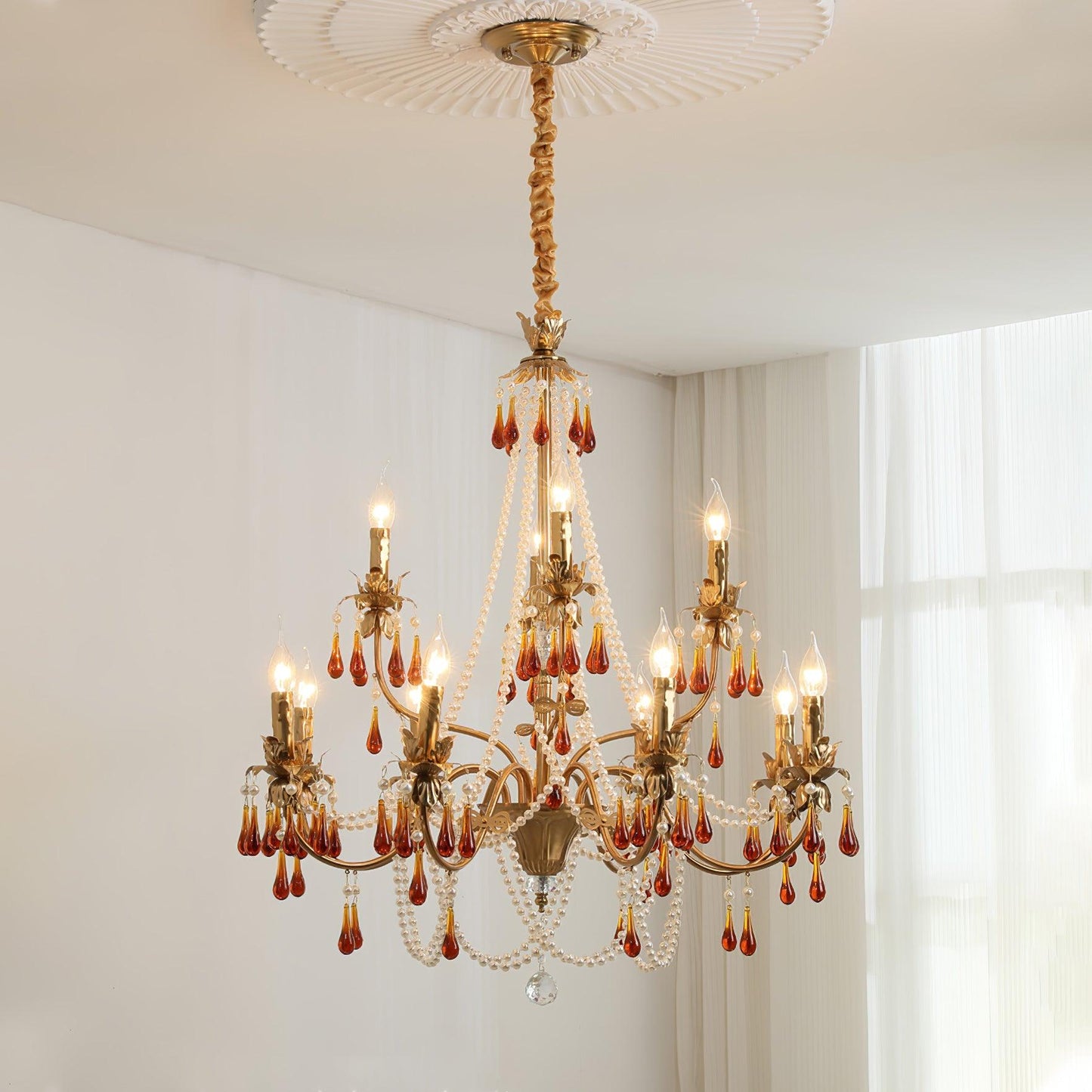 Aureate Amber Crystal Chandelier with Dimmable LED Lights & Elegance