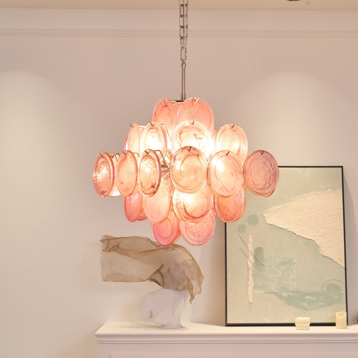 Aurelia Pink Glass Chandelier - Elegant Design with Adjustable Height