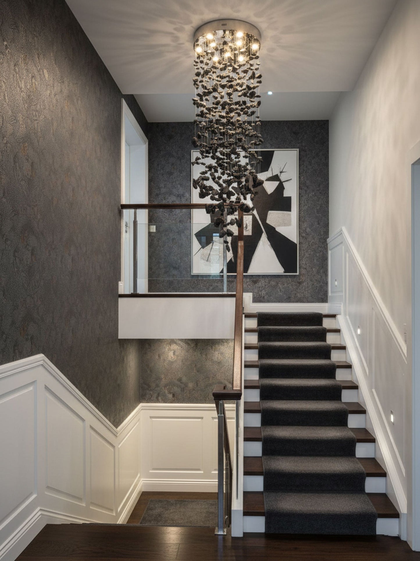 Elegant Black Stone Chandeliers - Adjustable Height, Energy Efficient