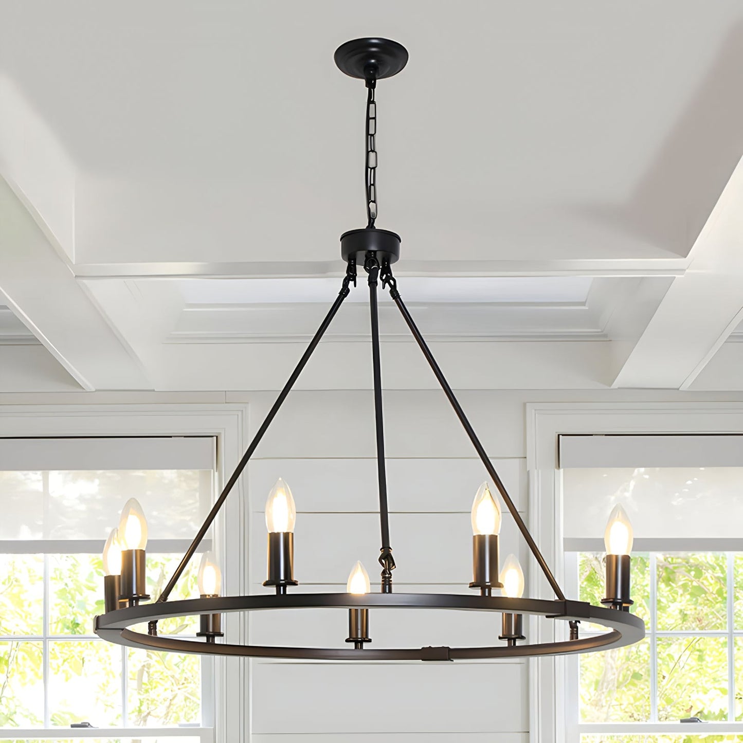 Elegant Black Candle Ring Chandelier with Adjustable Height & Soft Glo