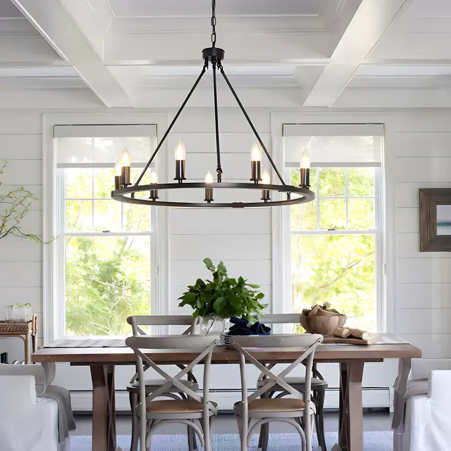 Elegant Black Candle Ring Chandelier with Adjustable Height & Soft Glo