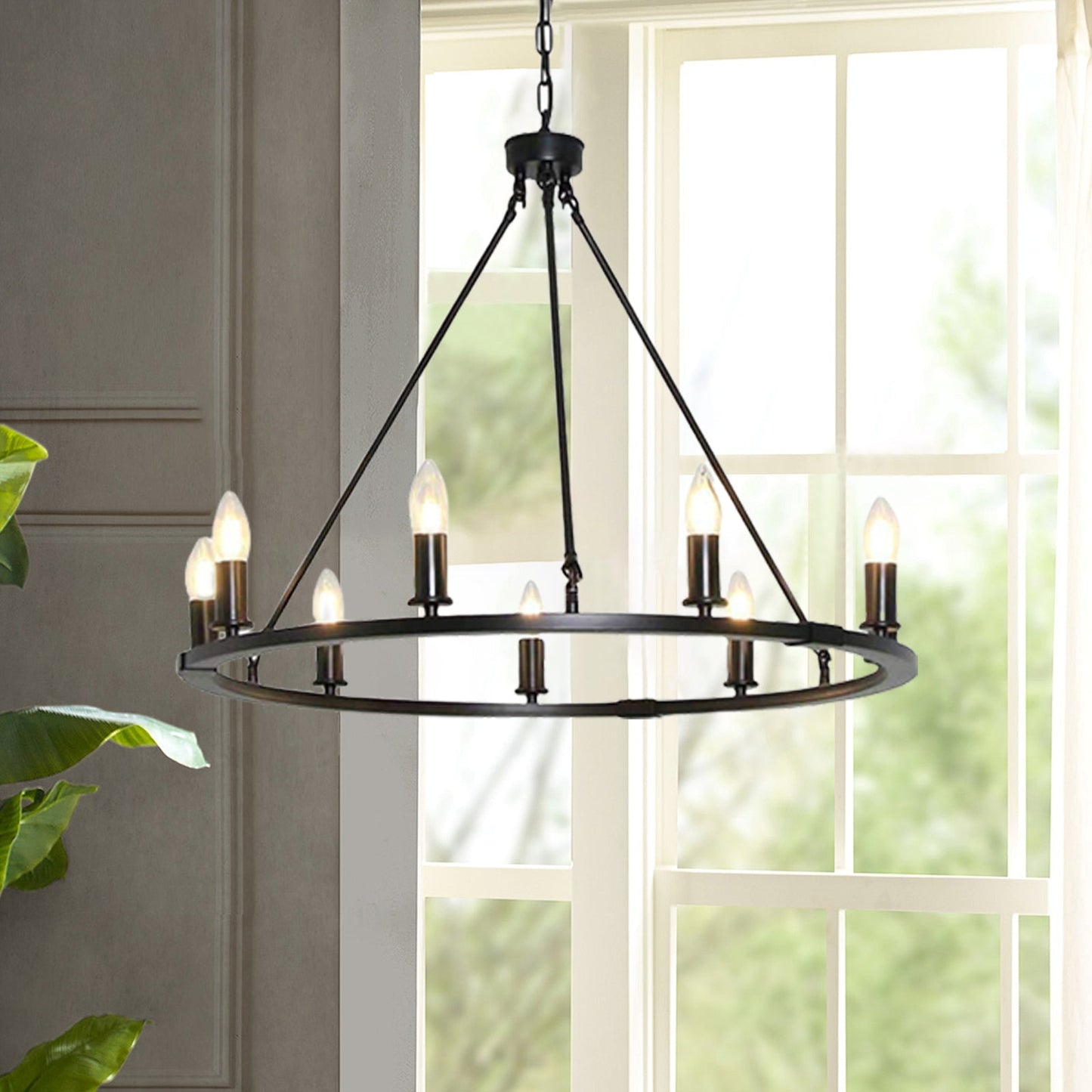 Elegant Black Candle Ring Chandelier with Adjustable Height & Soft Glo