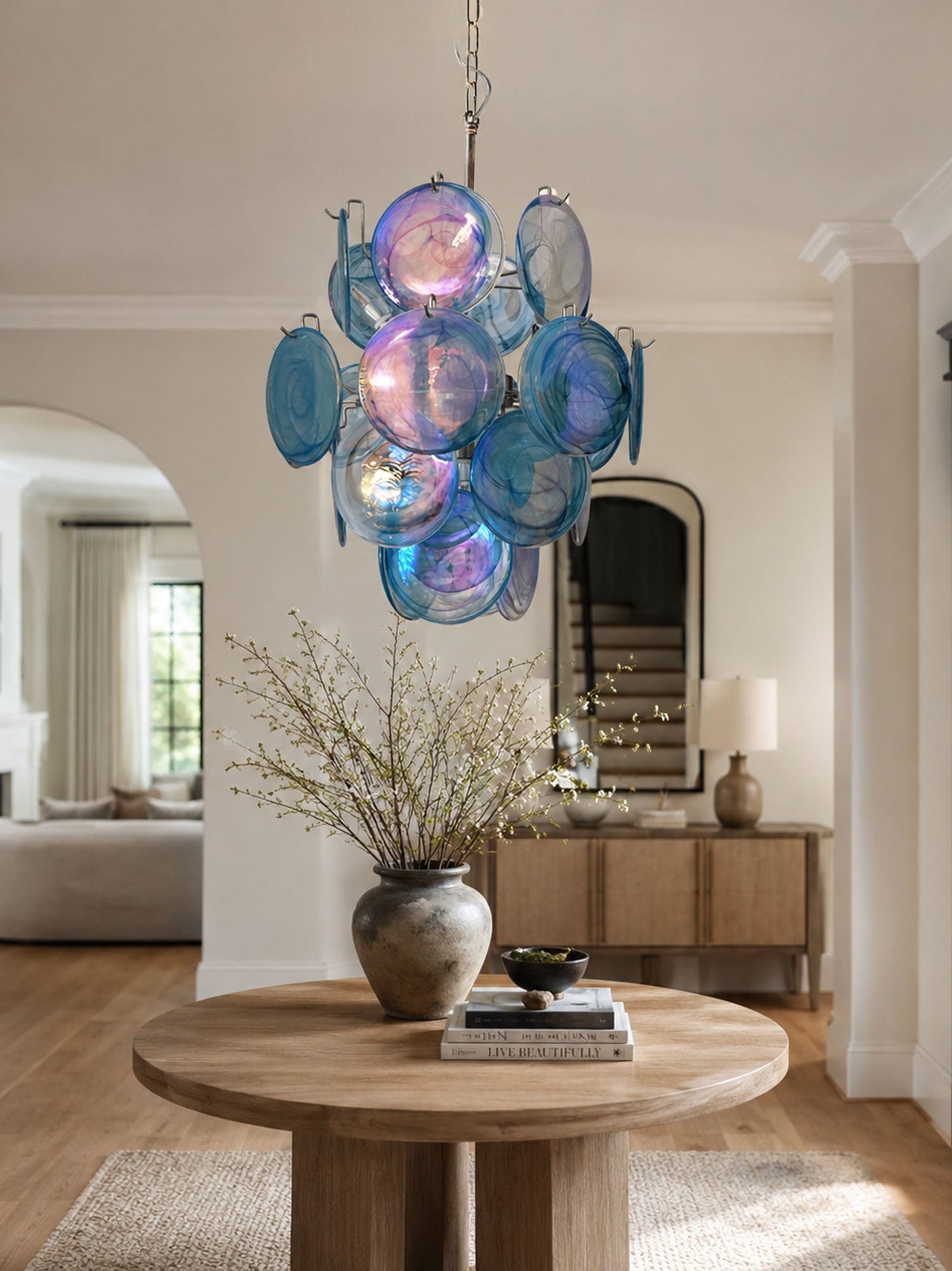 Elegant Blue Disc Glass Chandelier - Modern Design with Adjustable Hei