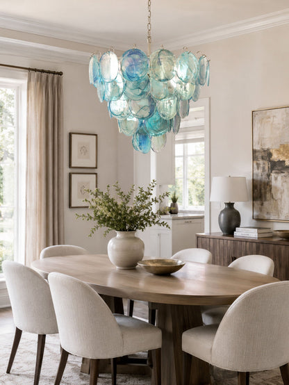 Elegant Blue Glass Disc Chandelier with Adjustable Height & LED Compat